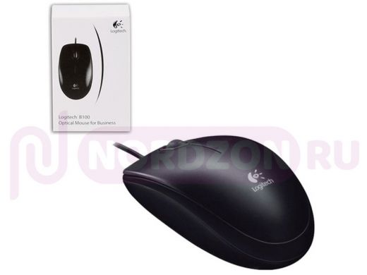 Мышь проводная Logitech B100, USB, 2 кнопки + 1 колесо-кнопка, оптическая, черная, 910-003357
