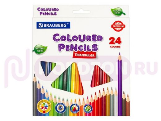 Карандаши цветные BRAUBERG PREMIUM, 24 цвета, трехгранные, грифель мягкий 3,3 мм