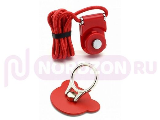 Держатель-кольцо, со шнурком, мишка, красный