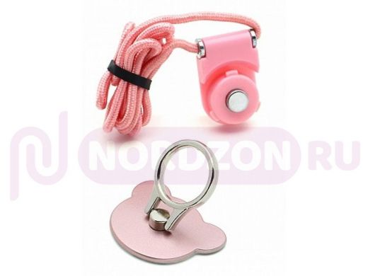 Держатель-кольцо, со шнурком, мишка, розовый