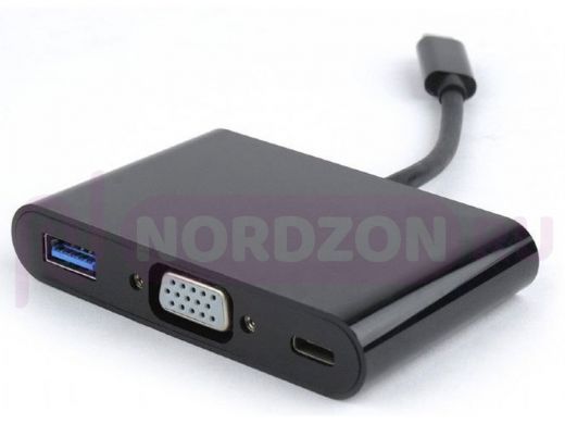 Переходник USB Cablexpert A-CM-VGA3in1-01, USB Type-C/VGA + USB3 + подзарядка USB-C, 15см, пакет A-C