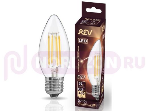 Светодиодная лампа  REV FILAMENT свеча C37 E27 5W, 2700K, DECO Premium теплый свет
