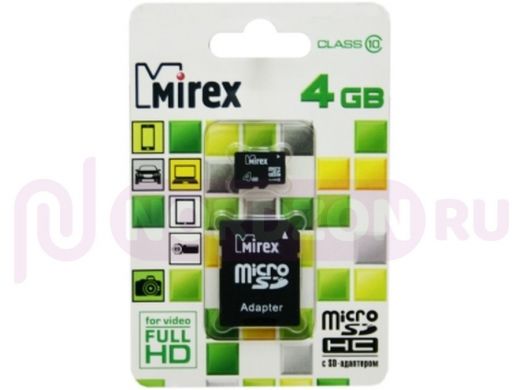 Карта памяти  micro SDHC    4GB  Mirex, class 10, с адаптером