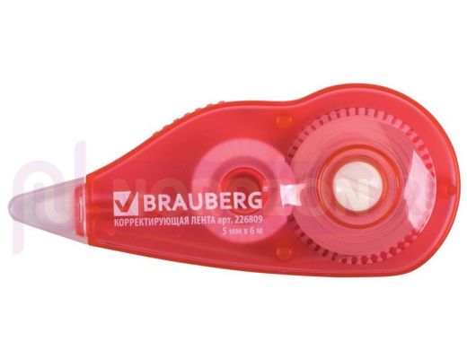 Корректирующая лента BRAUBERG 5мм*6м, корпус красный, с подкручиванием,  блистер