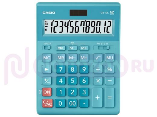 Калькулятор настольный CASIO GR-12С-LB (210х155 мм), 12 разрядов, двойное питание, ГОЛУБОЙ, GR-12C-L