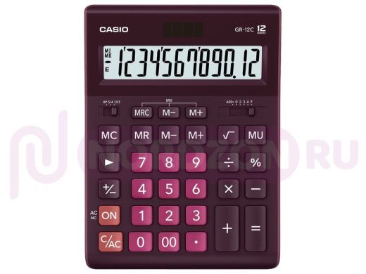 Калькулятор настольный CASIO GR-12С-WR (210х155 мм), 12 разрядов, двойное питание, БОРДОВЫЙ, GR-12C-