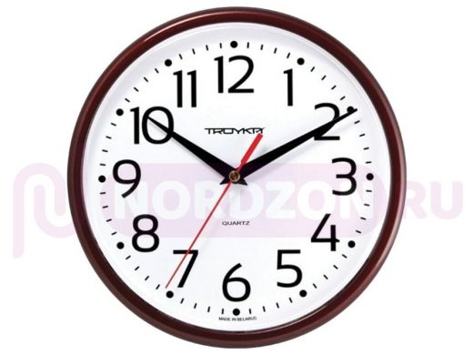 Часы настенные TROYKA 91931912, круг, белые, коричневая рамка, 23х23х4 см