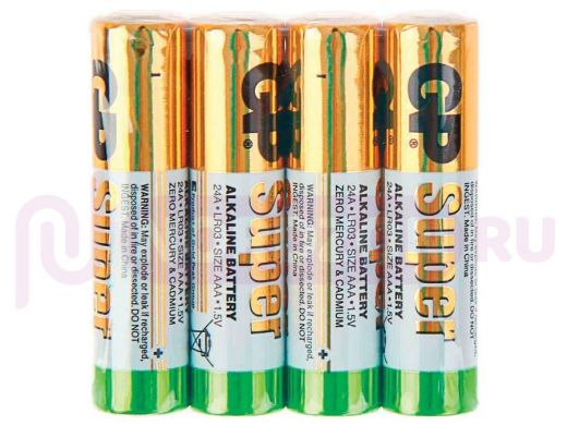 Батарейка LR03  GP Super, AAA (LR03, 24А), алкалиновые, комплект 4 шт., в пленке, 24ARS-2SB4