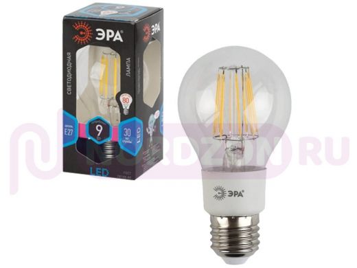 Лампа светодиодная ЭРА, 9 (80) Вт, цоколь E27, грушевидная, холодный белый свет, 30000 ч., F-LED А60
