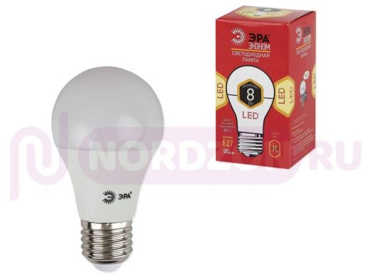 Лампа светодиодная ЭРА, 8 (55) Вт, цоколь E27, грушевидная, теплый белый свет, 25000 ч., LED smdA55\