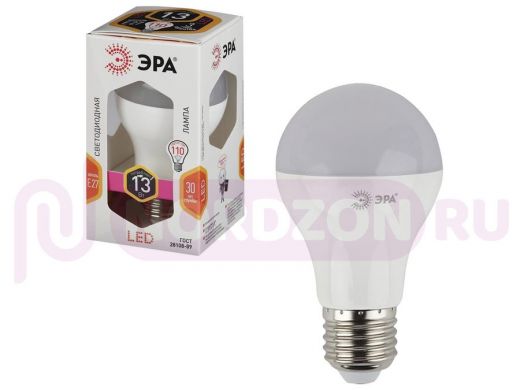 Лампа светодиодная ЭРА, 13 (110) Вт, цоколь E27, грушевидная, теплый белый, свет, 30000 ч., LED smdA