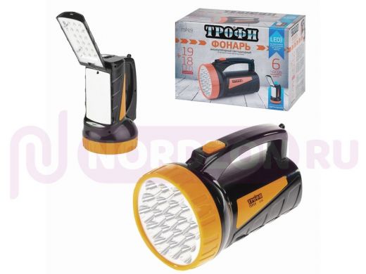 Фонарь-прожектор светодиодный ТРОФИ TSP19, 19 х LED + 18 x LED, 2 режима, аккумуляторный, заряд 220В