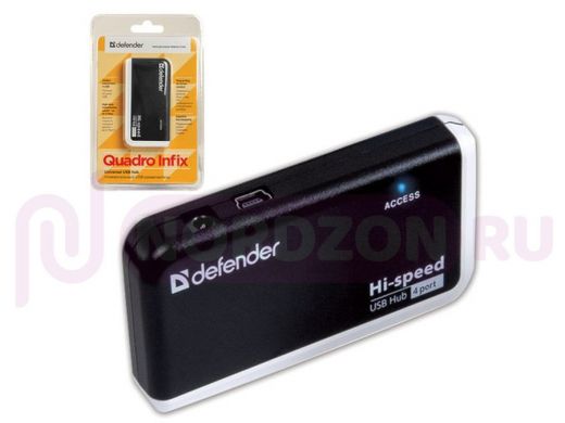 Концентратор USB на 4 порта (хаб, HUB) DEFENDER QUADRO INFIX, USB 2.0, 4 порта, порт питания