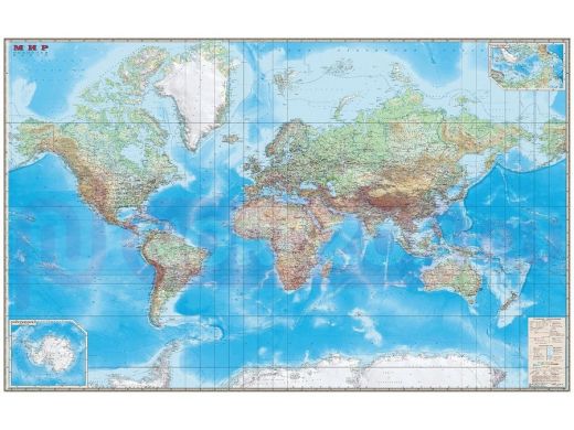 Карта настенная "Мир. Обзорная карта. Физическая с границами", М-1:15 млн., разм. 192х140 см, ламини