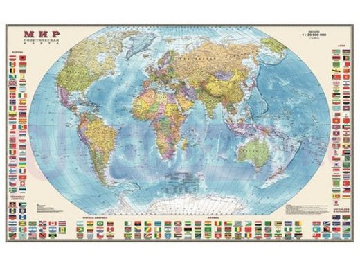 Карта настенная "Мир. Политическая карта с флагами", М-1:30 млн., размер 122х79 см, ламинированная,