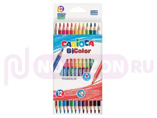 Карандаши двусторонние CARIOCA "Bi-color", 12 штук, 24 цвета, трехранные, заточенные, 42991