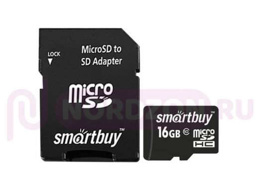 Карта памяти  micro SDHC   16GB  Smartbuy 10 Мб/сек. (class 10), с адаптером, SB16GBSDCL10-01