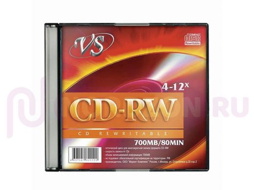 Диск CD-RW, VS, 700 Mb, 4-12 x Slim Case, 1 штука, VSCDRWSL01