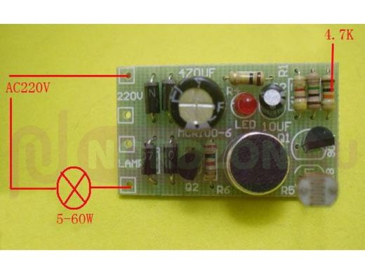 Радиоконструктор "Акустич.выключатель 220V/60W" (плата, детали, схема)
