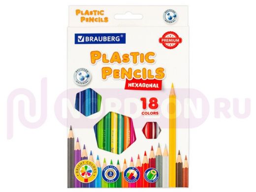 Карандаши цветные пластиковые BRAUBERG PREMIUM, 18 цветов, шестигранные, грифель мягкий 3 мм
