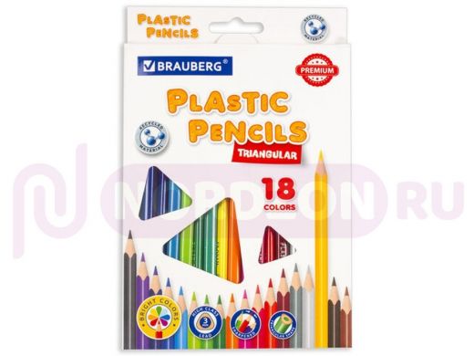 Карандаши цветные пластиковые BRAUBERG PREMIUM, 18 цветов, трехгранные, грифель мягкий 3 мм