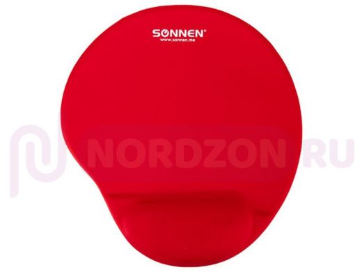 Коврик для мыши с подушкой под запястье SONNEN, полиуретан + лайкра, 250х220х20 мм, красный