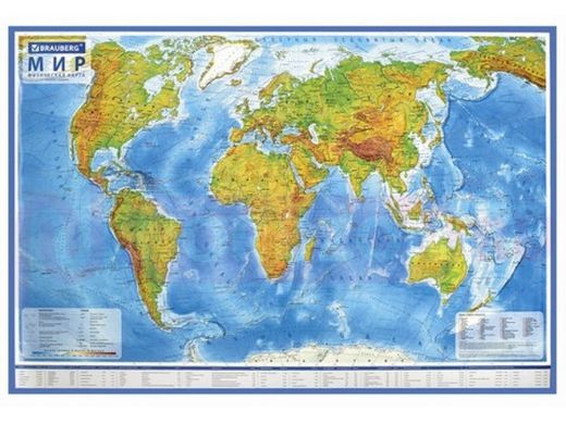 Карта мира физическая 101х66 см, 1:29М, с ламинацией, интерактивная, европодвес, BRAUBERG