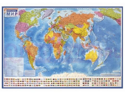 Карта мира политическая 101х70 см, 1:32М, с ламинацией, интерактивная, европодвес, BRAUBERG