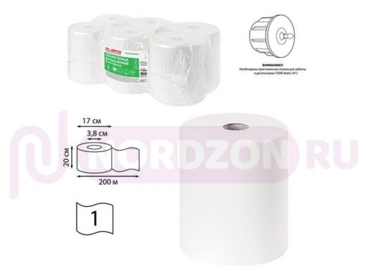 Полотенца бумажные рулонные 200 м, LAIMA (Система H1) ADVANCED, 1-слойные, белые, КОМПЛЕКТ 6 рулонов