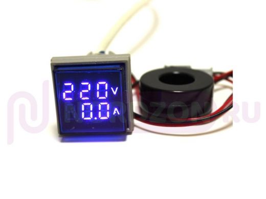 Вольтамперметр цифровой LED AC/50Hz (20-500VAC, 0-100A датчик тока) DMS-204 синий (дисплей 30х30, ко