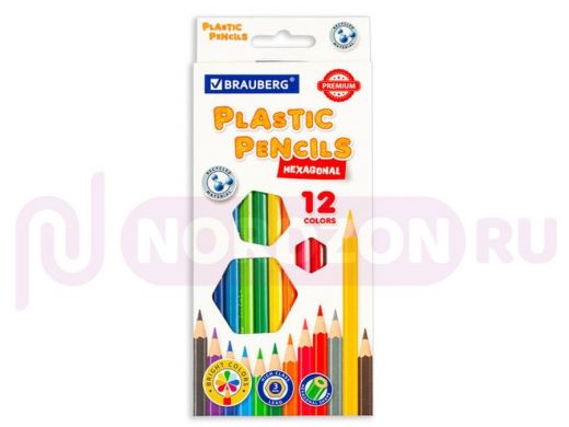 Карандаши цветные пластиковые BRAUBERG PREMIUM, 12 цветов, шестигранные, грифель мягкий 3 мм