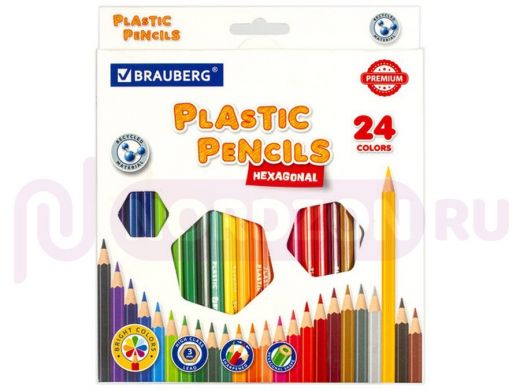 Карандаши цветные пластиковые BRAUBERG PREMIUM, 24 цвета, шестигранные, грифель мягкий 3 мм