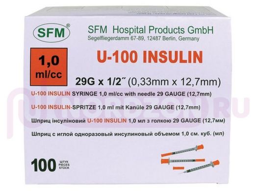 Шприц инсулиновый SFM, 1 мл, КОМПЛЕКТ 10 шт., пакет, U-100 игла несъемная 0,33х12,7 мм - 29G