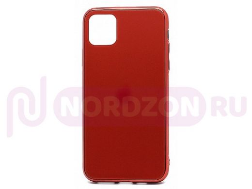 Чехол iPhone 11 Pro Max, силикон матовый, со стеклянной вставкой, с лого, красный