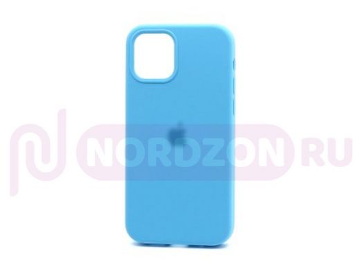Чехол iPhone 12/12 Pro, Silicone case Soft Touch, голубой, снизу закрыт, лого, 016