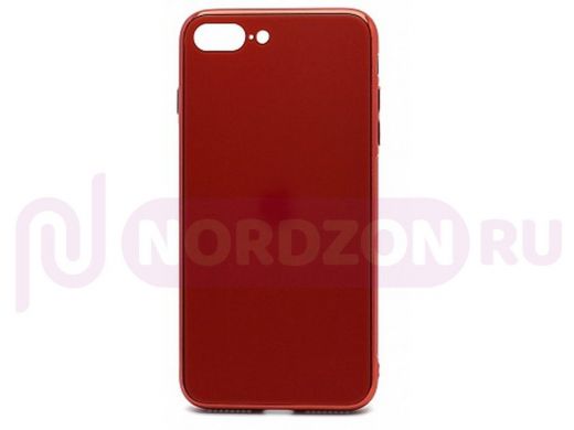 Чехол iPhone X/XS, силикон матовый, со стеклянной вставкой, с лого, красный