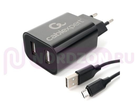 Зарядное устройство micro USB  Cablexpert MP3A-PC-35 USB 2 порта, 2.4A, черный + кабель 1м micro