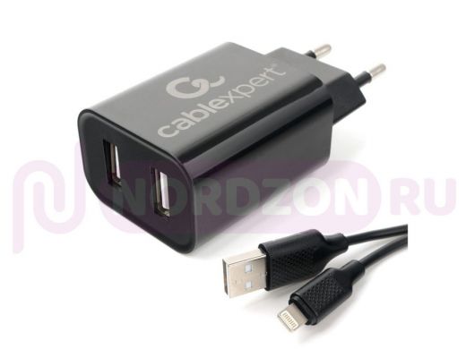Зарядное устройство Lightning  Cablexpert MP3A-PC-36 USB 2 порта, 2.4A, черный + кабель 1м lightning