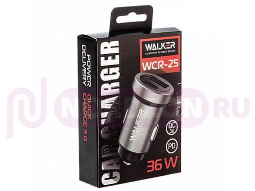 АЗУ блок,  Walker WCR-25, USB/USB-C, 3A, 36W, QC3.0, PD, серое