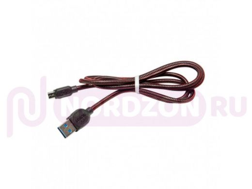 Кабель USB - MicroUSB, тех.пак. K03 нейлон, 2.1A, 100см, чёрно красный