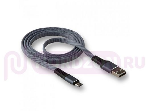 Кабель USB - Type-C,  Walker C750, текстильный, 2.4А, плоский, серый