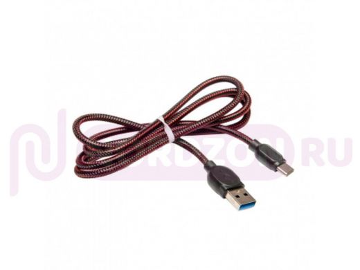 Кабель USB - Type-C, тех.пак. K03 нейлон, 2.1A, 100см, чёрно красный