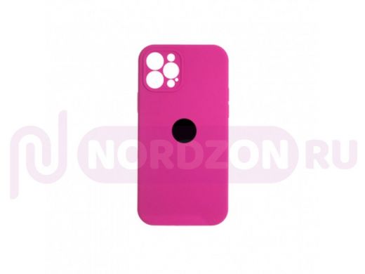 Чехол iPhone 12 Pro, Silicone case, розовый кислотный, защита камеры, лого