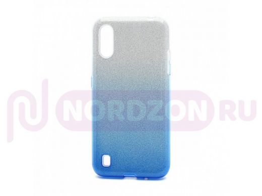 Чехол Samsung A01/A015, силикон, мерцающий, Fashion, серебро с голубым
