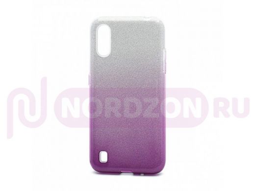 Чехол Samsung A01/A015, силикон, мерцающий, Fashion, серебро с фиолетовым