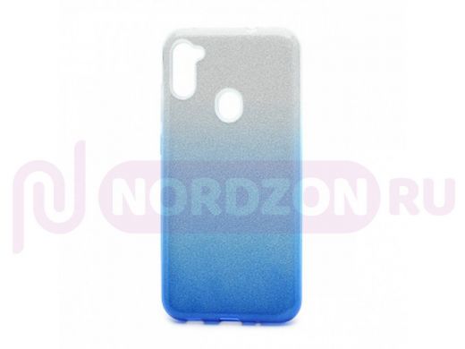 Чехол Samsung A11 /M11, силикон, мерцающий, Fashion, серебро с голубым