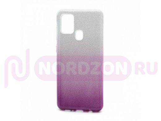 Чехол Samsung A21s/A217, силикон, мерцающий, Fashion, серебро с фиолетовым