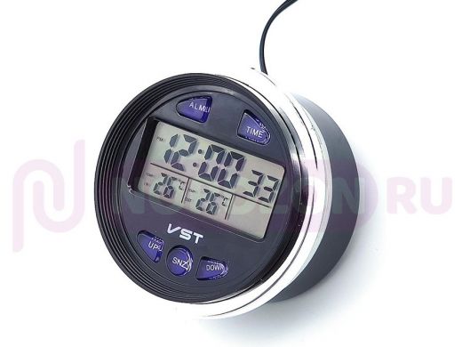 Часы VST-7042V электронные автомобильные в штатное отверстие ВАЗ (будильник,температура х2,подсв-ка)
