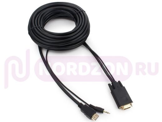 Кабель HDMI-VGA Cablexpert A-HDMI-VGA-03-10M, 19M/15M + 3.5Jack, 10м, черный, позол.разъемы, пакет A