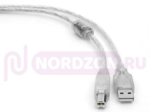 Кабель USB 2.0 Pro Cablexpert CCF-USB2-AMBM-TR-0.75M, AM/BM, 0,75м, экран, феррит. кольцо, прозрачны